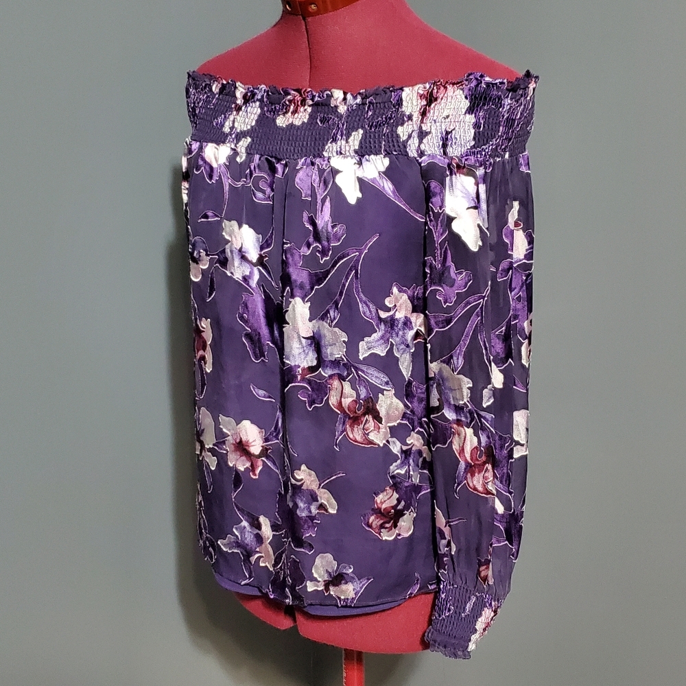 White House Black Market Floral Off-Shoulder Purple Top Women's Size X Small